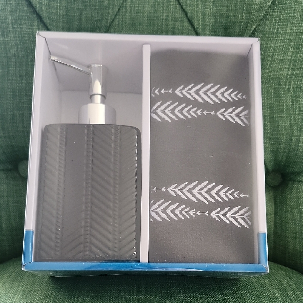 Black Chevron Soap Dispenser and Towel Set